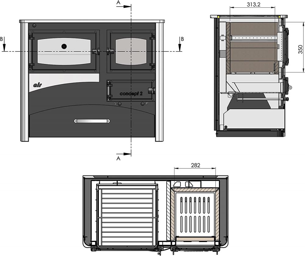 EEK A fireplace stove with baking compartment and stovetop ABC Concept 2 Air Left multi-use wood-burning stove 11.6 kW fireplace stove wood workshop stove Swedish stove cabin stove heating stove wood stove