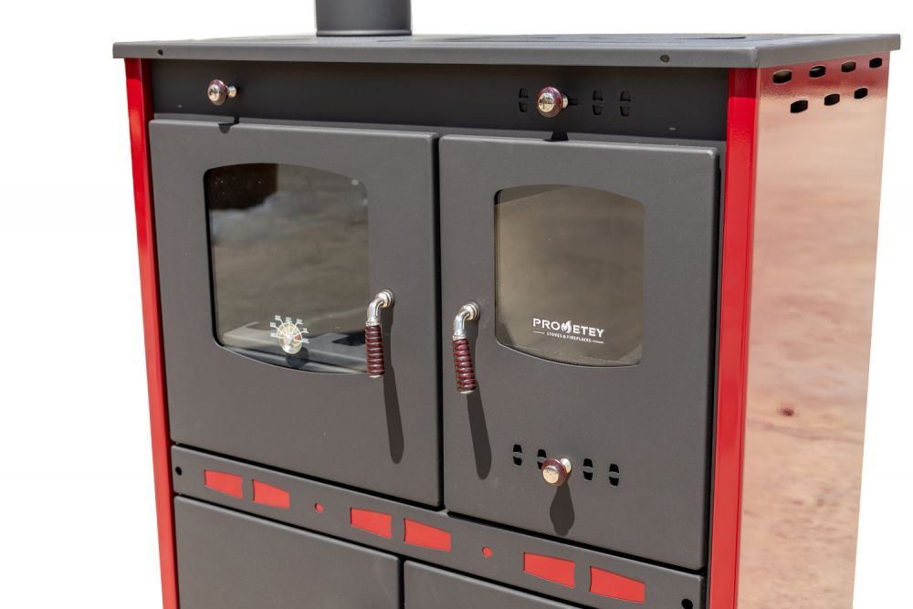 Kaminofen mit Backfach und Herdplatte Perfect Eco Lux Rot Links Holzofen 7 kW Kamin Ofen Holz Werkstattofen Hüttenofen Heizofen Gartenofen