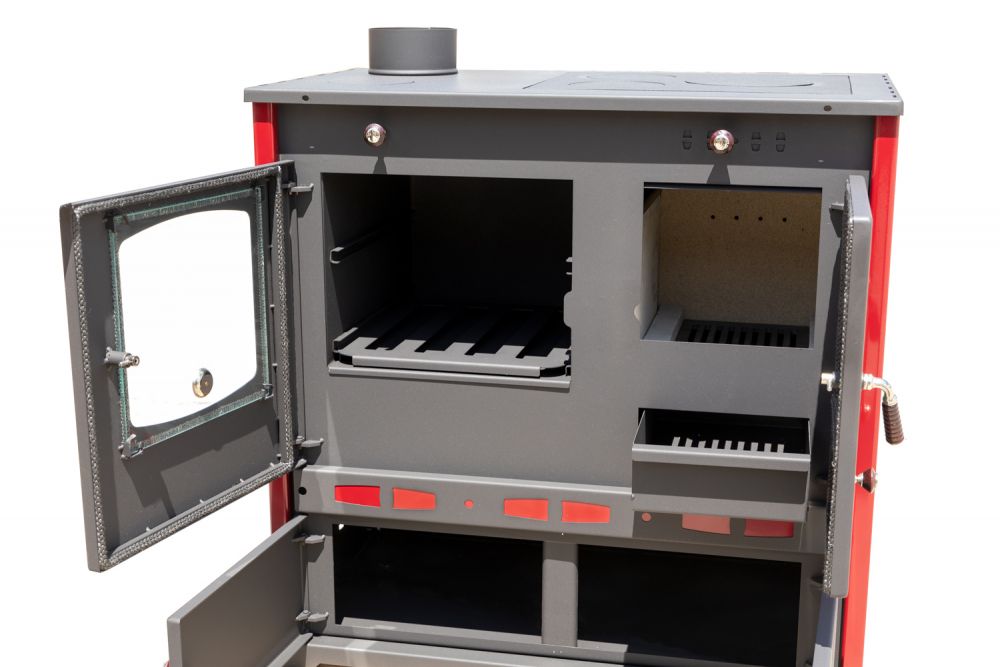 Kaminofen mit Backfach und Herdplatte Perfect Eco Lux Rot Links Holzofen 7 kW Kamin Ofen Holz Werkstattofen Hüttenofen Heizofen Gartenofen