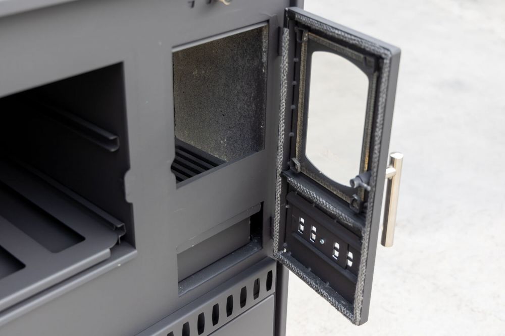 Kaminofen mit Backfach und Herdplatte Perfect Eco Schwarz Links Holzofen 7 kW Kamin Ofen Holz Werkstattofen Hüttenofen Heizofen Gartenofen