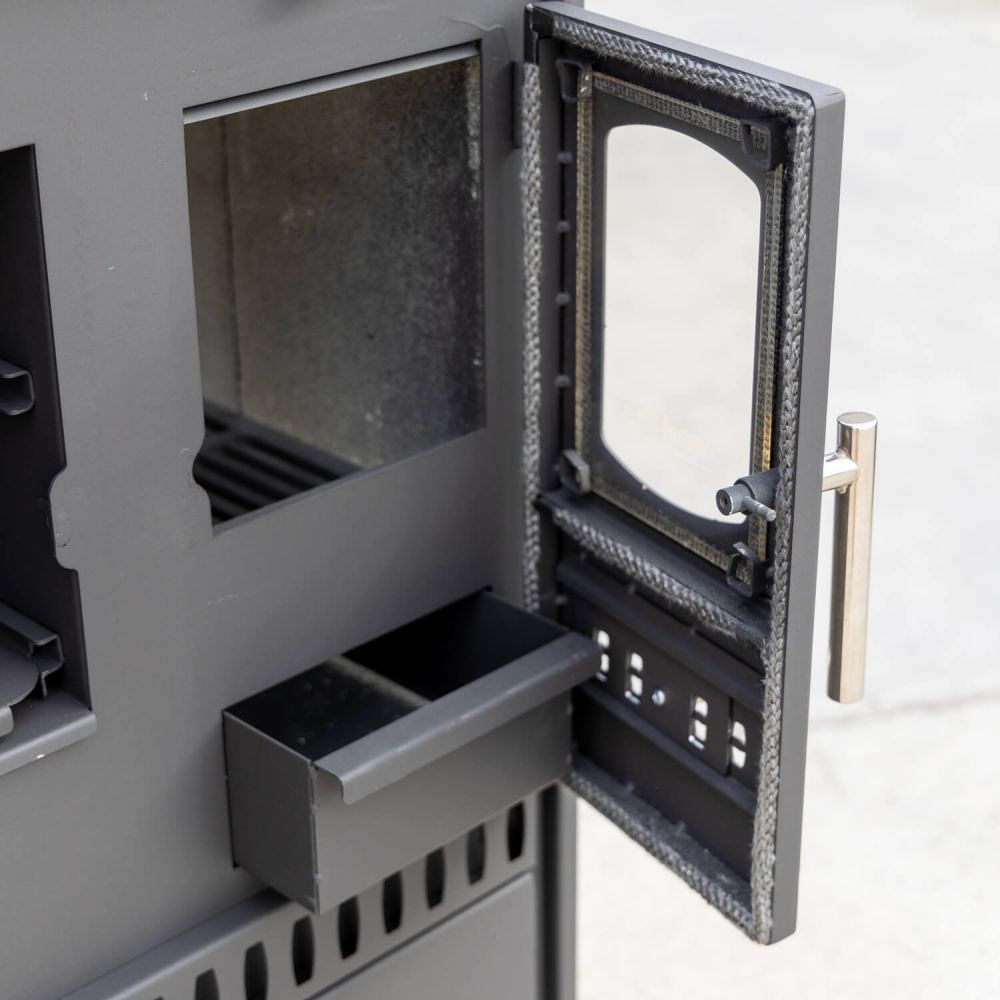 Kaminofen mit Backfach und Herdplatte Perfect Eco Schwarz Links Holzofen 7 kW Kamin Ofen Holz Werkstattofen Hüttenofen Heizofen Gartenofen