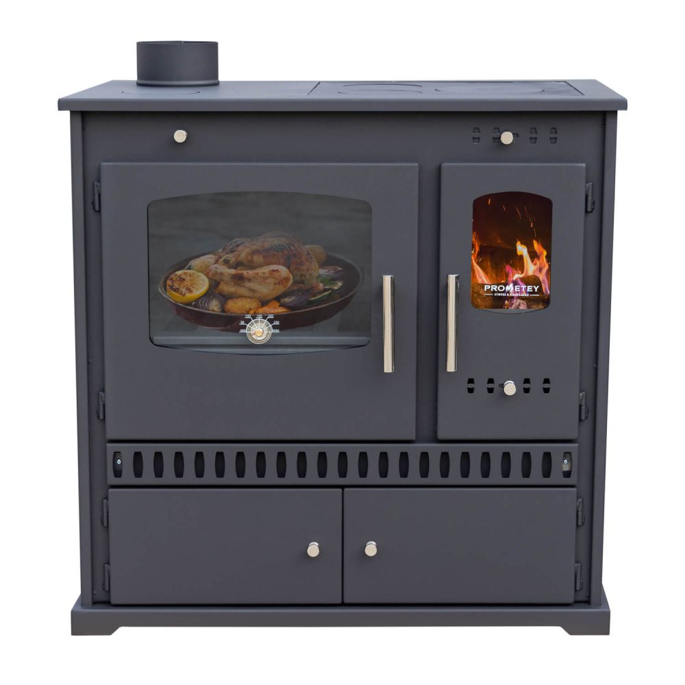 Kaminofen mit Backfach und Herdplatte Perfect Eco Schwarz Links Holzofen 7 kW Kamin Ofen Holz Werkstattofen Hüttenofen Heizofen Gartenofen