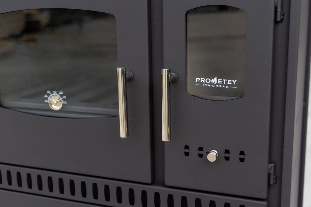 Kaminofen mit Backfach und Herdplatte Perfect Eco Schwarz Links Holzofen 7 kW Kamin Ofen Holz Werkstattofen Hüttenofen Heizofen Gartenofen