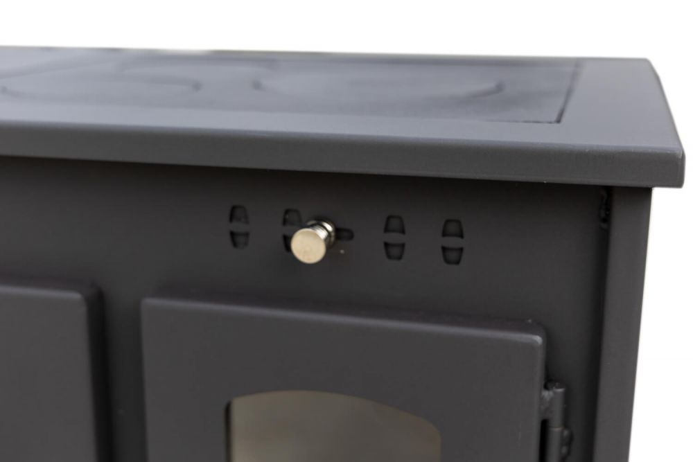 Kaminofen mit Backfach und Herdplatte Perfect Eco Schwarz Links Holzofen 7 kW Kamin Ofen Holz Werkstattofen Hüttenofen Heizofen Gartenofen