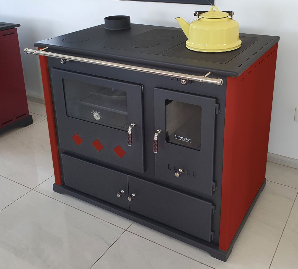 Kaminofen mit Backfach und Herdplatte Pracktik Lux Rot LINKS Holzofen 9,5 kW Kamin Ofen Dauerbrandofen Werkstattofen Schwedenofen Hüttenofen Heizofen