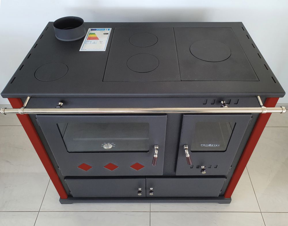 Kaminofen mit Backfach und Herdplatte Pracktik Lux Rot LINKS Holzofen 9,5 kW Kamin Ofen Dauerbrandofen Werkstattofen Schwedenofen Hüttenofen Heizofen