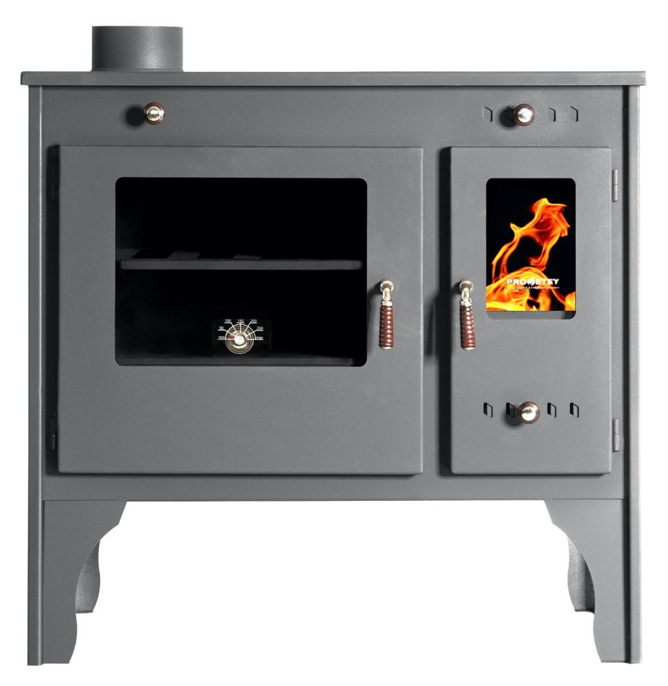 Kaminofen mit Backfach und Herdplatte Retro Eco Schwarz Links Holzofen 7 kW Kamin Ofen Holz Werkstattofen Hüttenofen Heizofen Gartenofen
