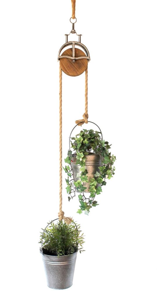 Metalleimer mit Umlenkrolle Deko Set Silber Grau MB27 Seil Dekoration Pflanztopf Pflanzen Blumentopf Kübel Seilwinde Wassereimer