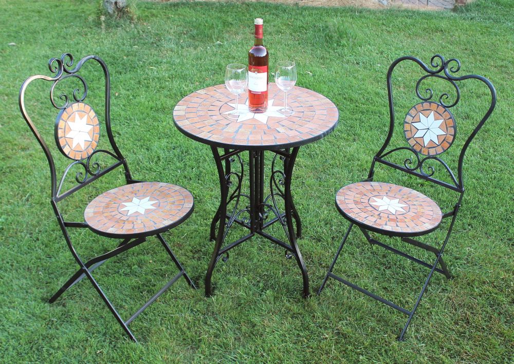 Sitzgruppe Merano 12001-2 Gartentisch + 2 Stk. Gartenstuhl aus Metall Mosaik Tisch + 2x Stuhl