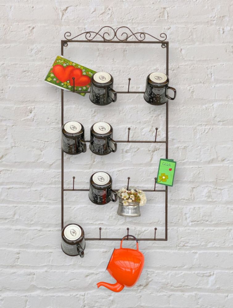 DanDiBo Tassenhalter Wand Metall Hakenleiste mit 16 Haken Braun 75 cm Tassenhaken Küche Vintage Antik Becherhalter Tassenständer Tassenregal Wandmontage