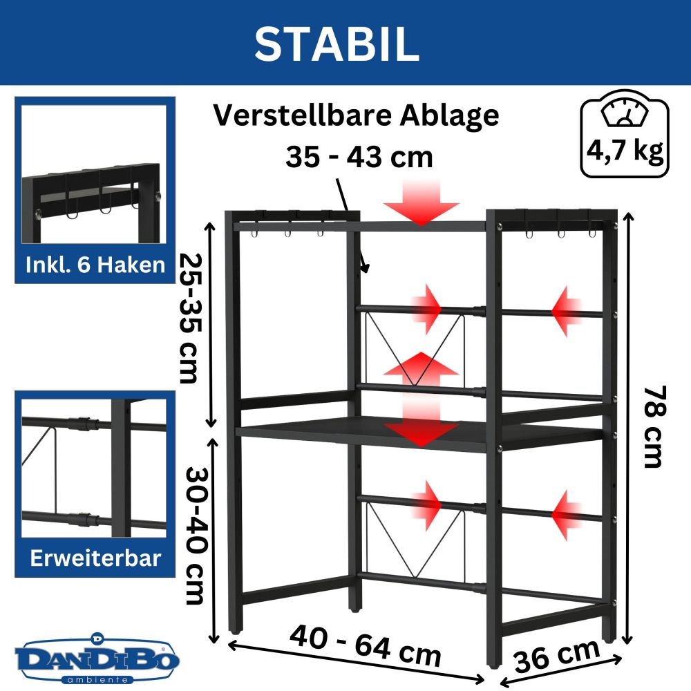 DanDiBo Verstellbares Küchenregal für Arbeitsplatte Schwarz Stehend 3 Stufig 40-64 cm Regal Küche 96614 Standregal
