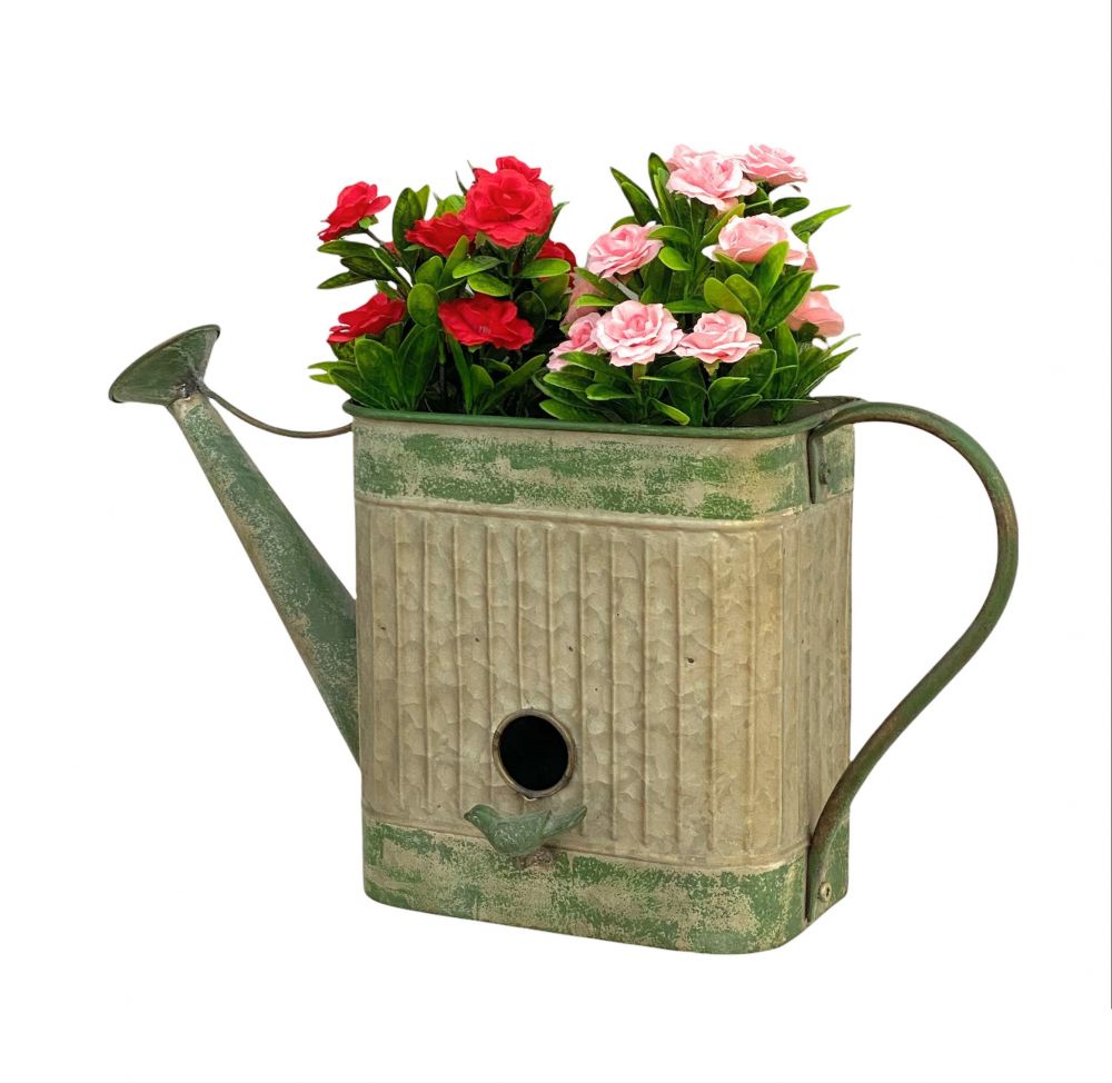 DanDiBo bird house with hanging flower pot metal decorative watering can weatherproof 481999 nesting box 40 cm feeding station for birds shabby metal can balcony