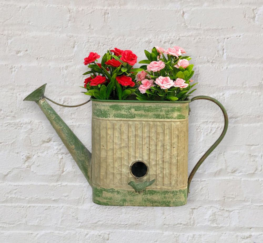 DanDiBo bird house with hanging flower pot metal decorative watering can weatherproof 481999 nesting box 40 cm feeding station for birds shabby metal can balcony
