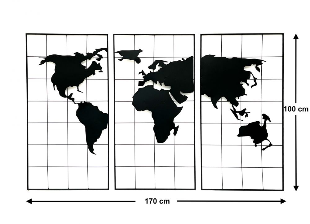 Wanddekoration Weltkarte Metall 170x100 cm Schwarz 3-teilig Dekoschild 210329 Wandbild Weltatlas Dekoration Schild Wand Wandkunst