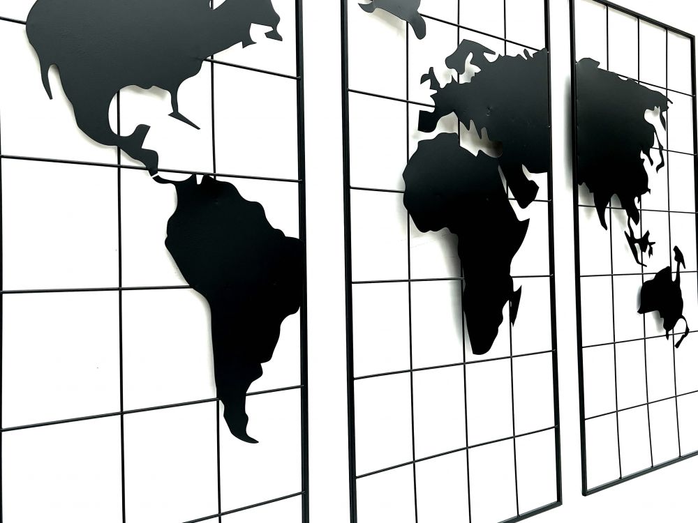 Wanddekoration Weltkarte Metall 170x100 cm Schwarz 3-teilig Dekoschild 210329 Wandbild Weltatlas Dekoration Schild Wand Wandkunst