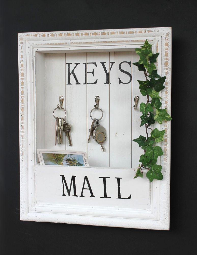 DanDiBo Wandorganizer Vintage Schlüsselbrett Holz mit Ablage 18SE011 Weiß 41 cm Schlüsselboard Briefablage Schlüsselkasten Shabby Chic Memoboard