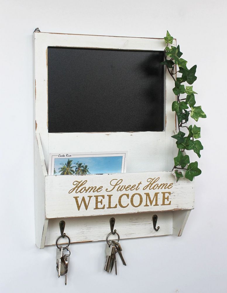 DanDiBo Wandorganizer Vintage Schlüsselbrett Holz mit Ablage 93751 Weiß 40cm Schlüsselboard Briefablage Kreidetafel Schlüsselkasten Shabby Chic Memoboard