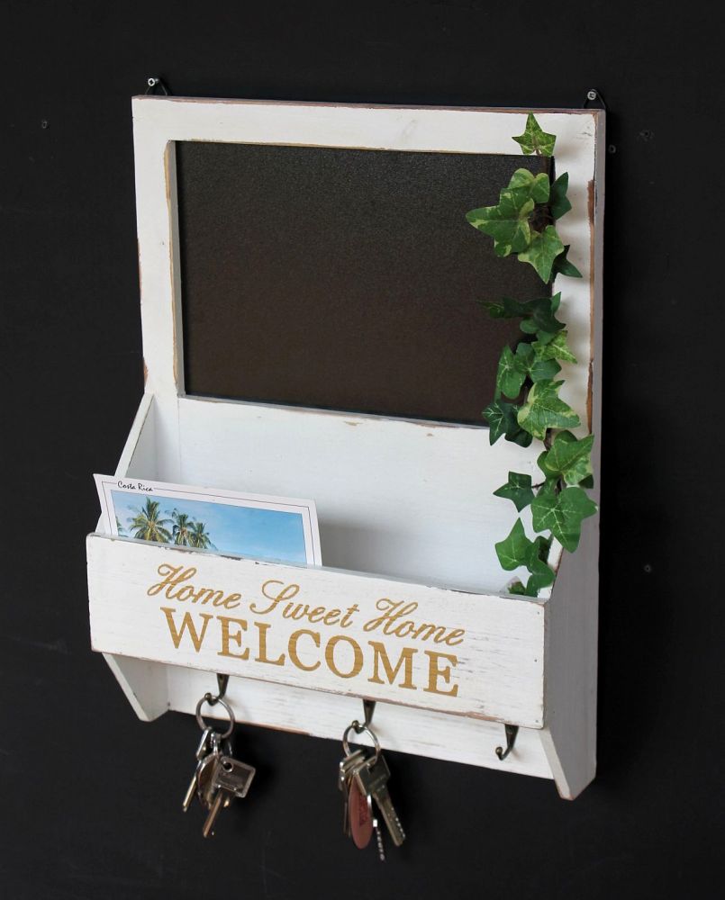 DanDiBo Wandorganizer Vintage Schlüsselbrett Holz mit Ablage 93751 Weiß 40cm Schlüsselboard Briefablage Kreidetafel Schlüsselkasten Shabby Chic Memoboard