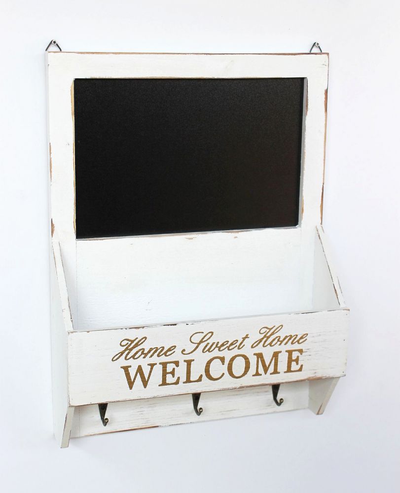 DanDiBo Wandorganizer Vintage Schlüsselbrett Holz mit Ablage 93751 Weiß 40cm Schlüsselboard Briefablage Kreidetafel Schlüsselkasten Shabby Chic Memoboard