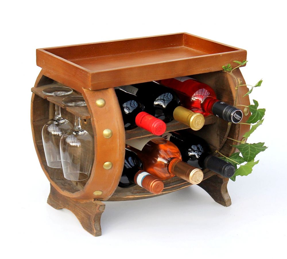 DanDiBo Wine Rack Wooden Wine Barrel Brown 33 cm 9064 Bar Bottle Rack Bottle Rack Small Barrel Wooden Barrel with Glass Holder