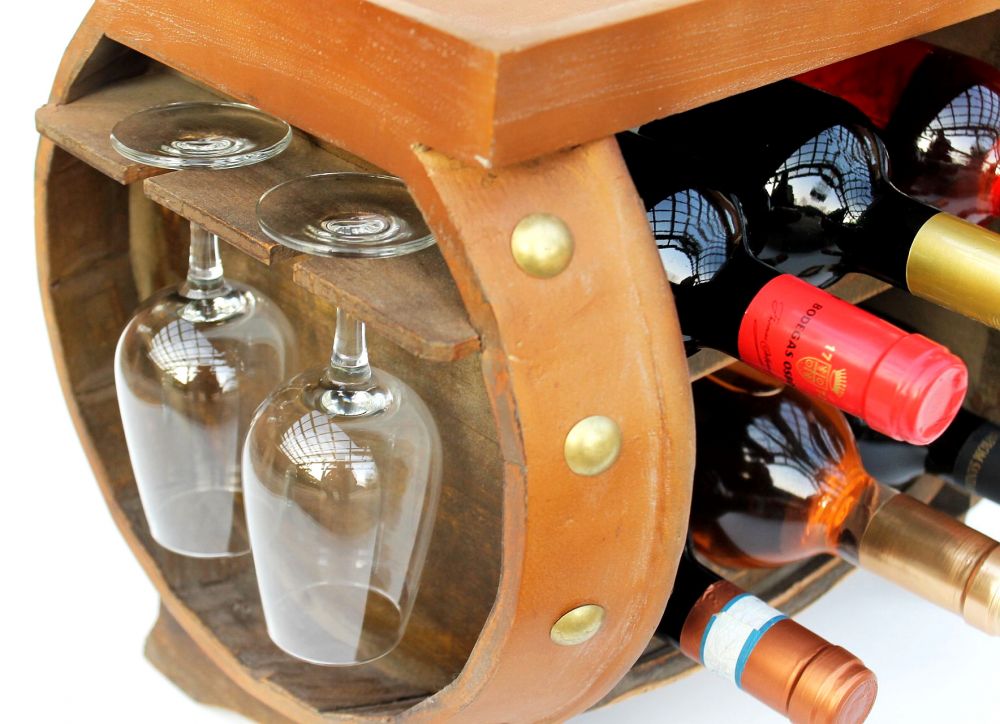 DanDiBo Wine Rack Wooden Wine Barrel Brown 33 cm 9064 Bar Bottle Rack Bottle Rack Small Barrel Wooden Barrel with Glass Holder