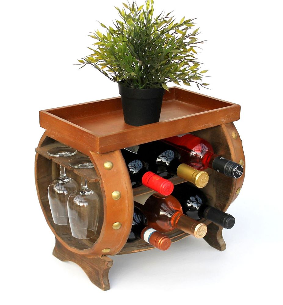 DanDiBo Wine Rack Wooden Wine Barrel Brown 33 cm 9064 Bar Bottle Rack Bottle Rack Small Barrel Wooden Barrel with Glass Holder