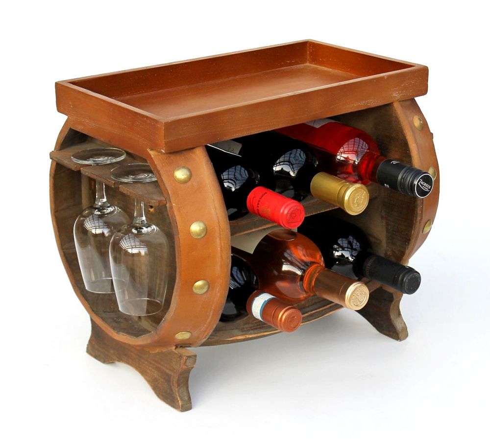 DanDiBo Wine Rack Wooden Wine Barrel Brown 33 cm 9064 Bar Bottle Rack Bottle Rack Small Barrel Wooden Barrel with Glass Holder