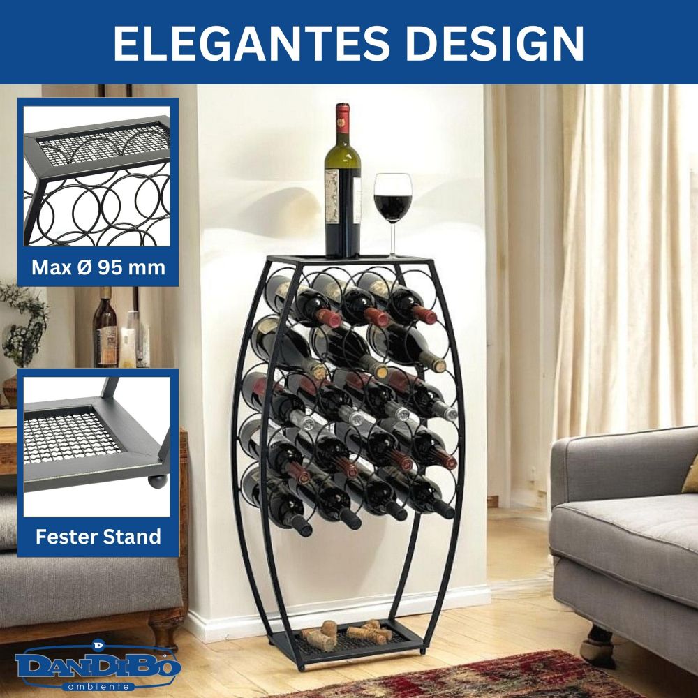 Weinregal Metall Schwarz Stehend 83 cm 96640 Weinständer für 18 Flaschen Dekorativer Weinflaschenhalter in Fass-Optik Flaschenregal mit Ablage
