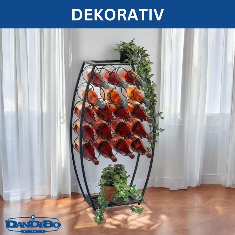 Weinregal Metall Schwarz Stehend 83 cm 96640 Weinständer für 18 Flaschen Dekorativer Weinflaschenhalter in Fass-Optik Flaschenregal mit Ablage