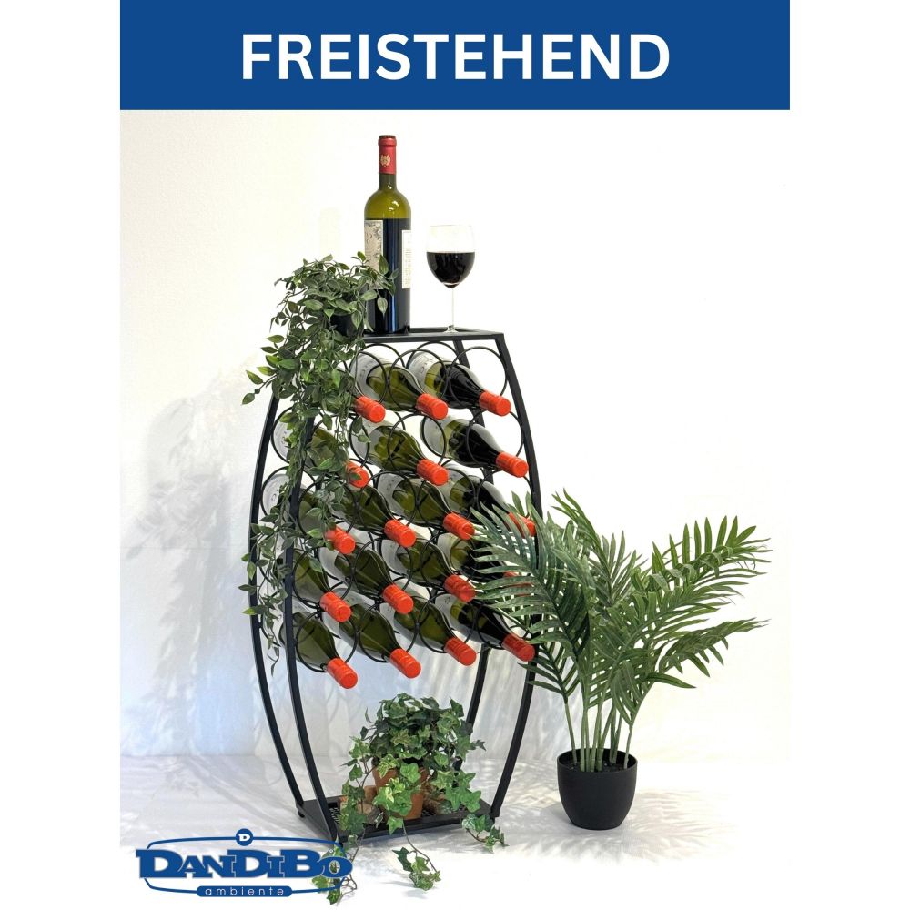Weinregal Metall Schwarz Stehend 83 cm 96640 Weinständer für 18 Flaschen Dekorativer Weinflaschenhalter in Fass-Optik Flaschenregal mit Ablage