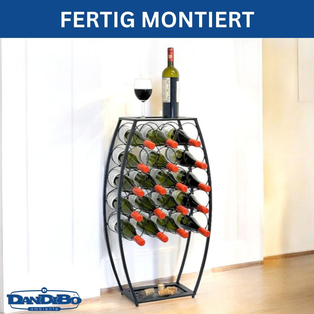 Weinregal Metall Schwarz Stehend 83 cm 96640 Weinständer für 18 Flaschen Dekorativer Weinflaschenhalter in Fass-Optik Flaschenregal mit Ablage