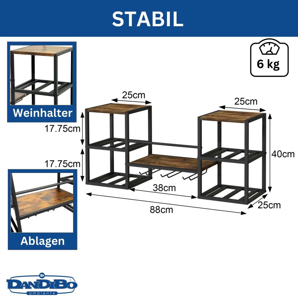DanDiBo Weinregal Wand Metall Holz 96604 Flaschenregal mit Glashalter Wandmontage Weinflaschenhalter Weinhalter Flaschenhalter