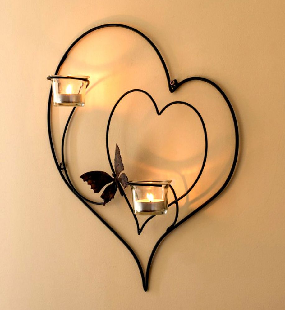 Wandteelichthalter Herz 39cm Schwarz Teelichthalter aus Metall Wandleuchter Kerzenhalter