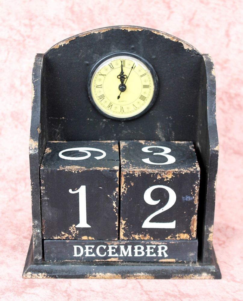 Uhr mit Kalender 14B142 Schwarz Shabby Kaminuhr Standuhr 25cm Vintage Quarzuhr
