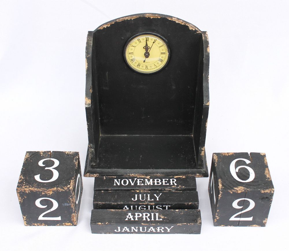 Uhr mit Kalender 14B142 Schwarz Shabby Kaminuhr Standuhr 25cm Vintage Quarzuhr