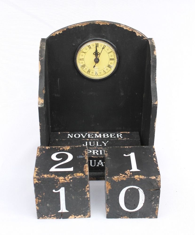 Uhr mit Kalender 14B142 Schwarz Shabby Kaminuhr Standuhr 25cm Vintage Quarzuhr
