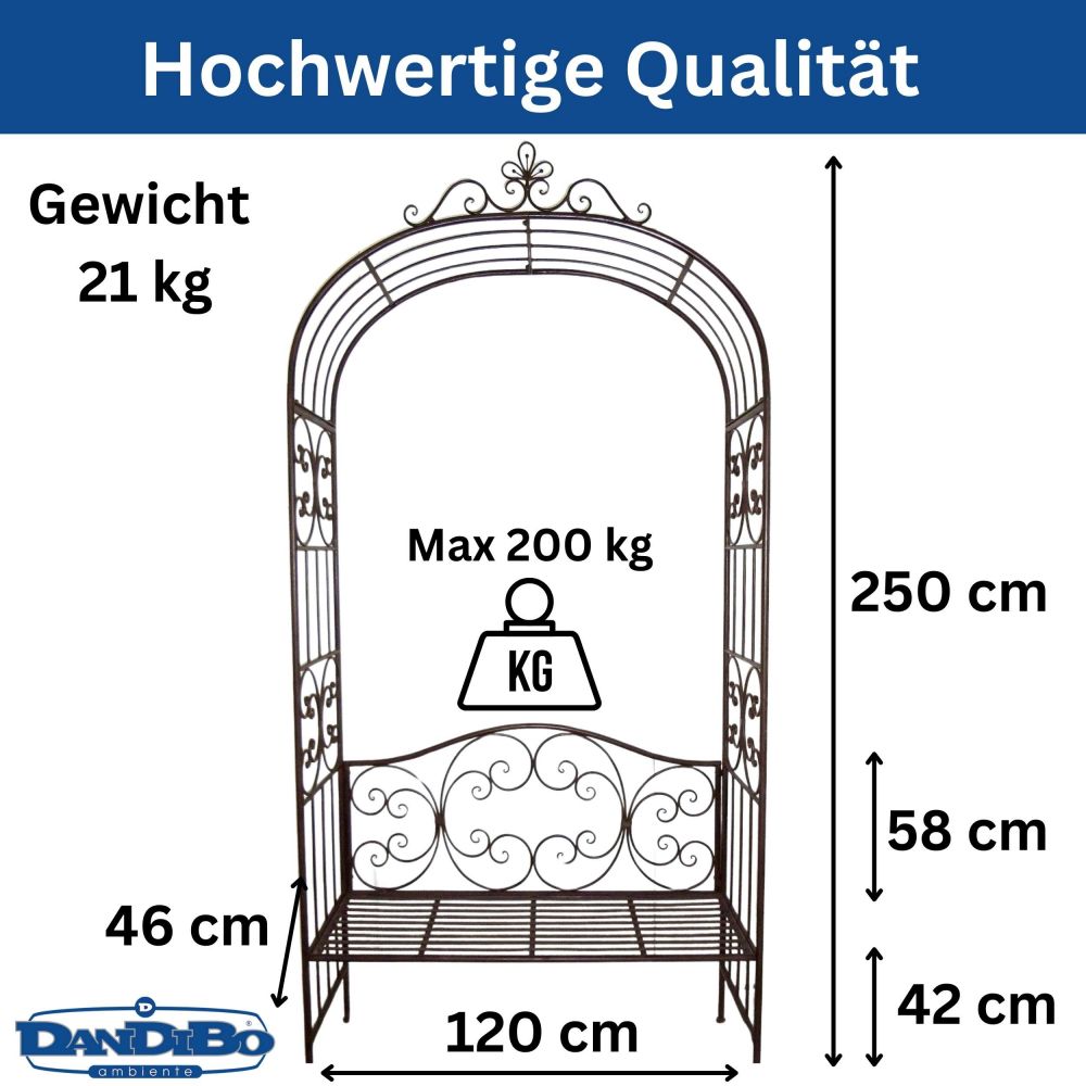 DanDiBo Rosenbogen mit Sitzbank Metall Stabil 120 cm Breit 120852 Rankgitter Bank Spalier Pergola