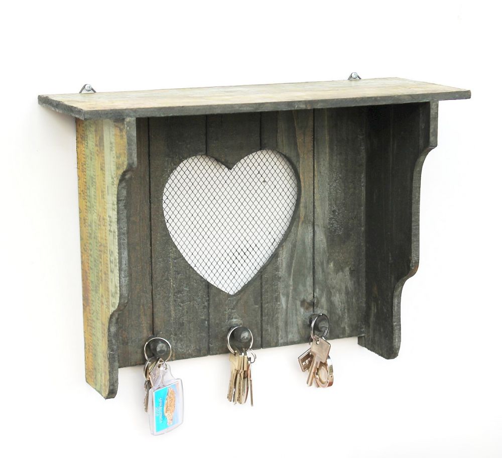 DanDiBo Schlüsselleiste mit Ablage Holz A12020 Wandregal mit Herz Schlüsselregal Schlüsselbrett Schlüsselboard Schlüsselhaken Wandkosole Vintage Shabby Hakenleiste Regal Briefablage