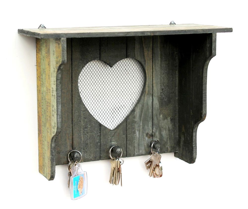 DanDiBo Schlüsselleiste mit Ablage Holz A12020 Wandregal mit Herz Schlüsselregal Schlüsselbrett Schlüsselboard Schlüsselhaken Wandkosole Vintage Shabby Hakenleiste Regal Briefablage