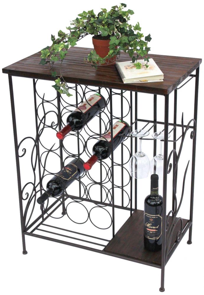 Weinregal mit Holzablage 12977 Flaschenregal mit Glashalter 83 cm Braun Metall Holz Flaschenhalter Weinschrank Regal Stehend