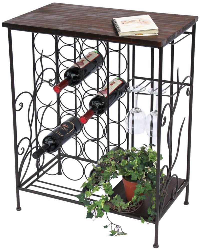 Weinregal mit Holzablage 12977 Flaschenregal mit Glashalter 83 cm Braun Metall Holz Flaschenhalter Weinschrank Regal Stehend