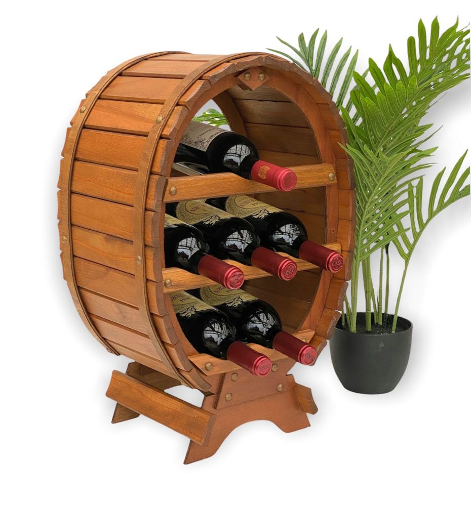 DanDiBo Weinregal Holz Stehend Weinfass 6 Flaschen Braun gebeizt Flaschenregal Flaschenhalter Fass